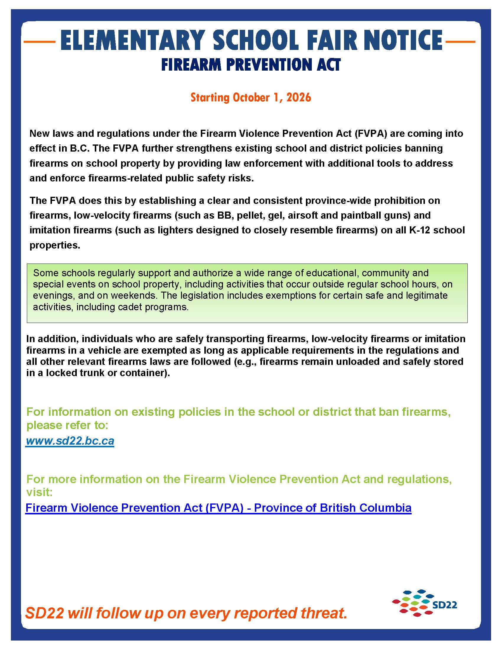 ELEMENTARY Fair Notice Poster (FIREARMS PREVENTION ACT)